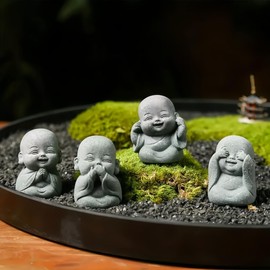 Cartoon Buddha Figurine Ornament with Bluestone Sand Bonsai, Imitation Stone Carving, 4 Sets