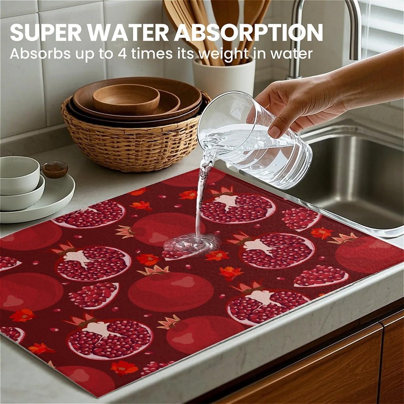 Red Pomegranate Dish Drying Mat For Kitchen Counter, Super Absorbent