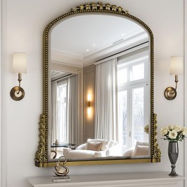 Wall Mirror, Vintage Carved Bathroom Mirror 40" x 32" Antique Metal Frame Wall Mirror for Bedroom, Living Room, Entryway, Fireplace, Hallway, Gold