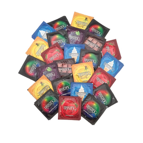 Trustex Flavors and Colors + Brass Lunamax Pocket Case, Lubricated Latex Condoms-24 Count