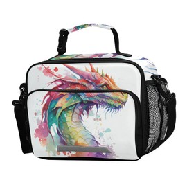 Lonchera de dragón de acuarela para niños y niñas, bolsa de almuerzo aislada para niños, correa de hombro reutilizable para viajes escolares, picnic
