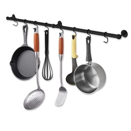 ROTHLEY Hanging Pot Rack Hanger: 39.4 Inch Stainless Steel Pot and Pan Hanger Pot Rack Wall Mounted Hanging Pots and Pans Rack Pot Hangers for Kitchen Utensil Rail with Hooks (Matt Black