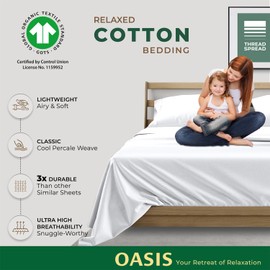 THREAD SPREAD 100% Organic Cotton Sheets Twin Size - 3 PC Organic Cotton Twin Size Percale Weave Sheet Set, Soft, Cooling, Crisp & Breathable, 16" Deep Pocket Bedding Set for Dorm Room - White