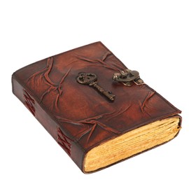 ANANYOM Handmade Leather Journal, Brown, Antique Key Design Notebook Diary, Sketchbook with Brass Clasp Lock, Embossed Journal for Men & Women, Office Journal Deckle Edge Unruled 200 Pages, Size 8 (L)