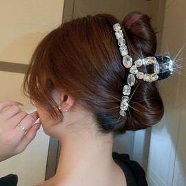 Jumwrit Large Rhinestone Hair Claw Clip Strong Hold Acrylic Hair Jaw Clip Shiny Hair Clamp Accessories for Women Girls Bling Glitter Square Heart Crystal Cross Hair Clip (Black)