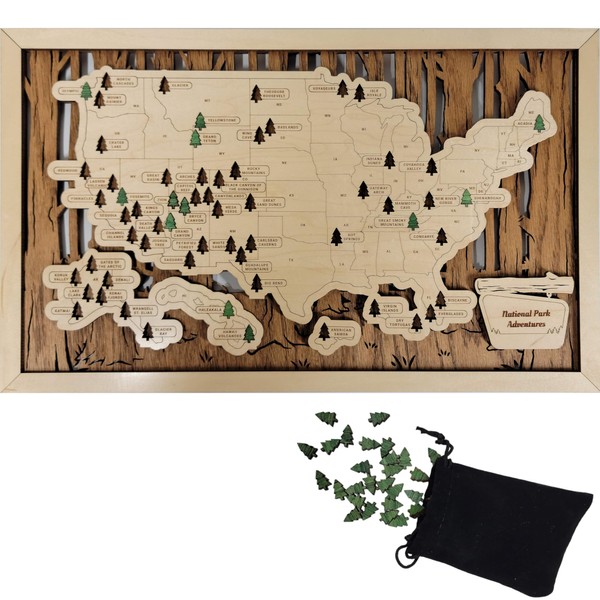 Personalized National Parks Map 11x19 Wooden Push Pins Travel Map Tracker - National Parks Gifts Decor National Parks Scratch Off Map & National Park Checklist Wood Poster, National Parks Bucket List