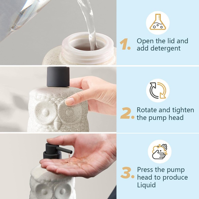 Sylfu Owl Ceramic Liquid Soap Dispenser - 15.2oz Refillable for