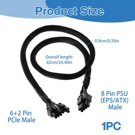 18AWG 8 Pin to 6+2 Pin GPU Power Cable, 60cm Modular Cable Compatible with Seasonic PSU FOCUS+ KM3 XP2 XP3 XM2, Black Tinned Copper Wire for Graphics Card
