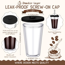 Honeydak 2 Pack 16oz Reusable Iced Coffee Cups with Lids Leakproof and Double Wall Insulated Plastic Iced Coffee Tumbler with 2 Straws and Straw Cleaner(Black)