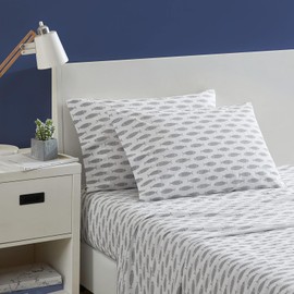 Nautica - Queen Sheets, Cotton Percale Bedding Set, Crisp & Cool, Coastal Bedding Set (Woodblock Fish Grey, Queen)