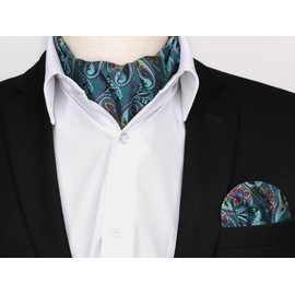 HISDERN Men's Tie Scarf Wedding Dot Neckerchief Paisley Business Ascot Tie and Pocket Square Set, Turquoise / Paisley