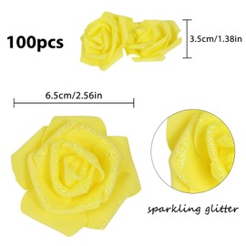 ICBOX 100pcs Yellow Glitter Roses - 2.56" Foam Glitter Flowers - Fake Roses for Bridal Shower Centerpieces & DIY Wedding Flower Arrangements