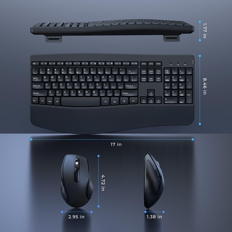 Ergonomic Keyboard and Mouse Combo, Full Size Cordless Computer Keyboard
