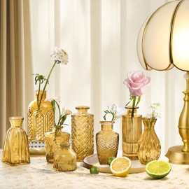 KOIUEYW Amber Gold Glass Bud Vases Set of 24, Vintage Small Vases for Flowers, Clear Crystal Mini Vases Bud Vases in Bulk, Small Flower Vases for Centerpieces Wedding Decorations Home Party Decor