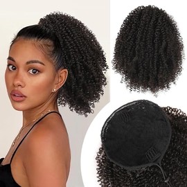 Short Kinky Curly Drawstring Ponytail for Black Women Afro Deep Curly Ponytail Extension Synthetic Natural Black Drawstring Ponytail Clip in Ponytail Hair Pieces for Women Natural Black