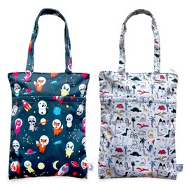 FLOCK THREE 2PCS Bundle Wet Dry Bag Waterproof Tote Reusable Wet Clothes Baby Diapers Stroller Swimsuit Travel Small Larger Electronics Toiletries Pouch Dinosaur and cute Animals