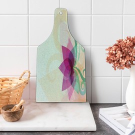 Lunarable Abstract Cutting Board, Fantasy Lotus with Swirl Leaves Blooming Lily Flower Nature, Decorative Tempered Glass Cutting and Serving Board, Wine Bottle Shape, Peach Fuchsia Almond Green