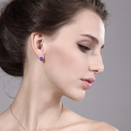 Gem Stone King 1.57 Cttw Round Purple Amethyst and White Diamond 14K White Gold Earrings For Women | Gemstone Birthstone | Round 6MM and 2MM