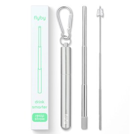 Flyby Portable Reusable Drinking Straws | Collapsible & Foldable Telescopic Stainless Steel Metal Straw Dispenser | Final Aluminum Case, Long Cleaning Brush, Silicone Tip | Silver | 1-Pack