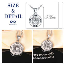 INFINIONLY Men's Women's Compass Locket Necklace Pendant Made of Stainless Steel Creative Adventure Compass Chains Vintage Compass Pendant with 55 cm Chain Hip Hop Decoration for Teenagers, Stainless