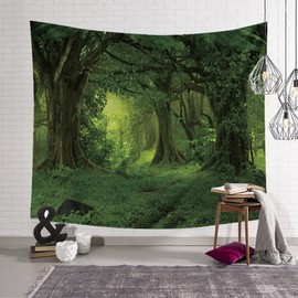 Forest Fabric Wall Hanging, Misty Forest Tapestry Wall Hanging Nature Landscape Tapestry Aesthetic Tapestry for Bedroom Living Room, Dorm & Room Decor, Green, W 150x H130cm