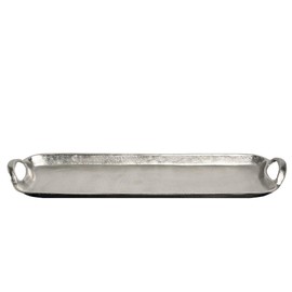 India Handicraft Modern Classic Decorative Serveware 23.5 x 6 Inch Aluminum Long Oval Serving Tray with Handles, Silver Tone
