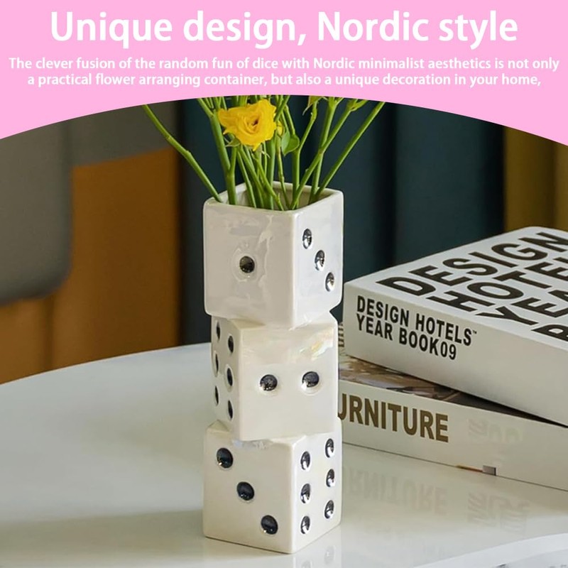 Ceramic Dice Vase,Unique Flower Vase,Retro Home Decor Bottle,Maximalist Planter,for Desk,