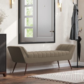 BELLEZE 63 Inch Mid Century Modern Ottoman, Contemporary Upholstered Linen Fabric Bench with Wood Legs, Accent Furniture for Living Room, Bedroom, Entryway - Moreno (Light Brown)