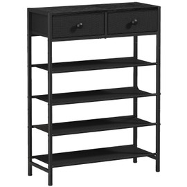 UNITSTAGE Shoe Rack, 5 Tier Shoe Organizer with 2 Drawers, Metal Shoe Storage for 16-20 Pairs of Shoes with Fabric Shelves and Wooden Top, Narrow Shoe Shelf for Closet Entryway Black
