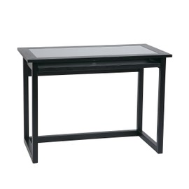 OSP Home Furnishings Meridian 42-Inch Wide Computer Desk with Pullout Keyboard Tray with Storage Space, Black Finish Wood and Veneer Frame and Clear Glass Top