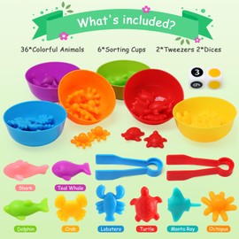 BelleStyle Colour Sorting Toys,66 Pcs Montessori Ocean Animal Counting Toys with Bowl,Dices and Tweezers,Colour Sorting Sensory Toy,Montessori Color Matching Educational Learning Toys for 3+ Years Old