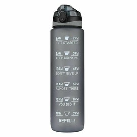Water Bottle 1L Motivational Drink Flask With Time Markings BPA Free Sport Gym (Grey)