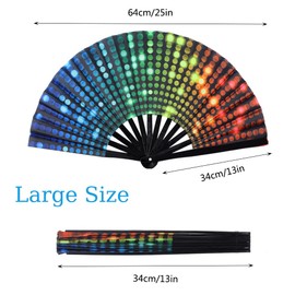2 PCS Large Folding Fan Bamboo Folding Hand Fan, Rave Fan Clack Folding Hand Fan Chinese/Japanese Nylon-Cloth Folding Fan for Festival, Dance, Performance, Party, Gift, Decoration(Neon Light)