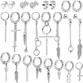 Earrings For Men, 24 Pieces Stainless Steel Cross Hinged Hoop Dangle Earrings For Men Women(Silver)