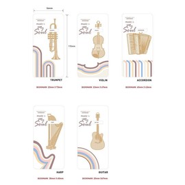 moin moin Bookmark Bookmark, Musical Instrument, Set of 6, Gold, Metal, Great Gift for Music Lovers (Guitar, Violin, Harp, Piano, Trumpet, Accordion)
