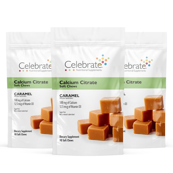 Celebrate Vitamins Bariatric Calcium Citrate Soft Chews with Vitamin D3, 500mg, Sugar-Free & Gluten-Free Calcium Citrate for Bariatric Patients, Caramel, 270 Count
