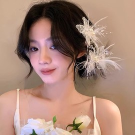 PLwelth Feather Hair Clip for Women Girls Cute Butterfly Hairpin Small Crystal Beaded Pearl Hair Barrettes White Feather Headpiece for Wedding Cosplay Dancing Party Decor Fancy Hair Accessories