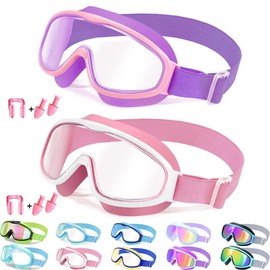 VVINCA [momhack] Vvinca Kids Goggles with Comfort Fabric Strap, Kids Swim Goggles Wide View Anti-Fog/UV No Leaking Swimming Goggles for 3-12 swimming goggles - Color: 04-purple & Pink
