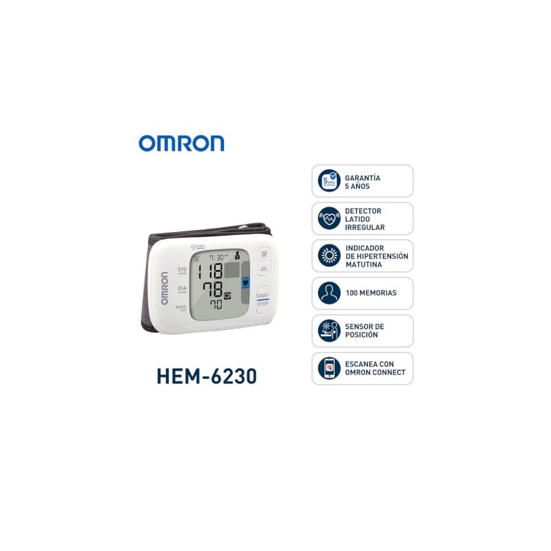 OMRON Baumanómetro automático de muñeca HEM-6230 compatible con app OMRON