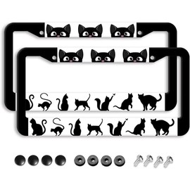 Cat License Plate Frame - 2 Pack Aluminum Metal License Plates Black Cat License Plate Holder Novelty Auto Car Tag Universal Car Accessories with 2 Holes