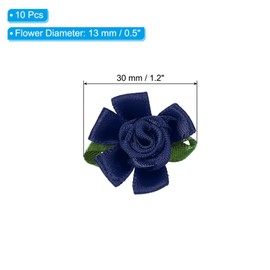 PATIKIL Mini Satin Ribbon Roses, 10 Pcs Small Rosettes Fabric Flowers with Green Leaves for Craft Projects Embellishments Applique, Navy Blue