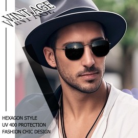 Joopin All Black Hexagonal Sunglasses Womens Polarised UV Protection, Designer Flat Square Sun Glasses Men, Retro Polygon Metal Shades Costume(Black)