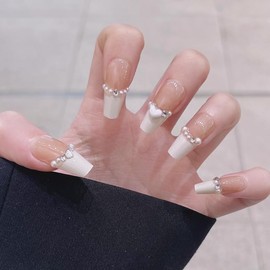 CATKIN Press On Nail Fasle Nail with design 24pcs Full Cover Reusable Acrylic Nails Artificial Nails for Women girls Long Square Decoration Fake Nails White French Pearl