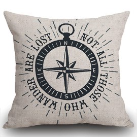 45x45cm Cushion Cover Not All Those Who Wander Are Lost Inspirational Travel Quote Decoration with Nautical Compass Rose Vintage Décor Cotton Linen Home Decorative Throw Pillow Case Sofa Couch 18"x18"