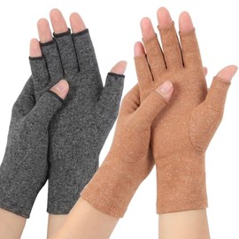 Arthritis Gloves, 2 Pair Fingerless Compression Gloves, Gray+Brown, L