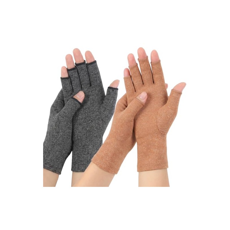 Arthritis Gloves, 2 Pair Fingerless Compression Gloves, Gray+Brown, L