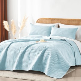 Davulos King Quilt Bedding Set,Aqua Blue Ultrasonic King/Cal King Quilt Set Reversible Microfiber Bedspread,Lightweight Soft Modern Geometric Coverlet Set for All Seasons(1 Quilt,2 Pillow Shams)