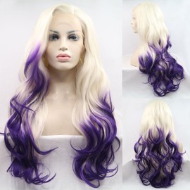 Xiweiya Platinum Blonde Synthetic Lace Front Wigs Ombre Purple Long Wavy Wig Extensions Heat Resistant Fiber High Density Wigs for Women in 24inch