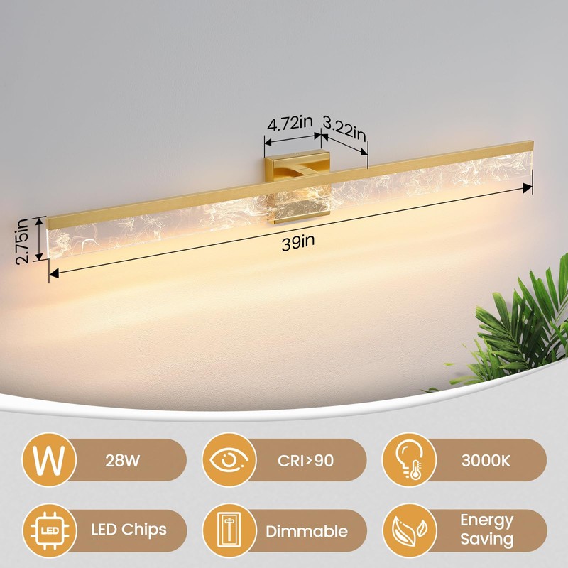 AIJIASI 39-Inch Brushed Gold Vanity Light Fixture, 28W Dimmable LED