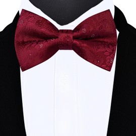 GUSLESON Burgundy Bow Tie and Pocket Square Set for Men Floral Pre-Tied Bowties Cufflinks for Wedding (0493-05)